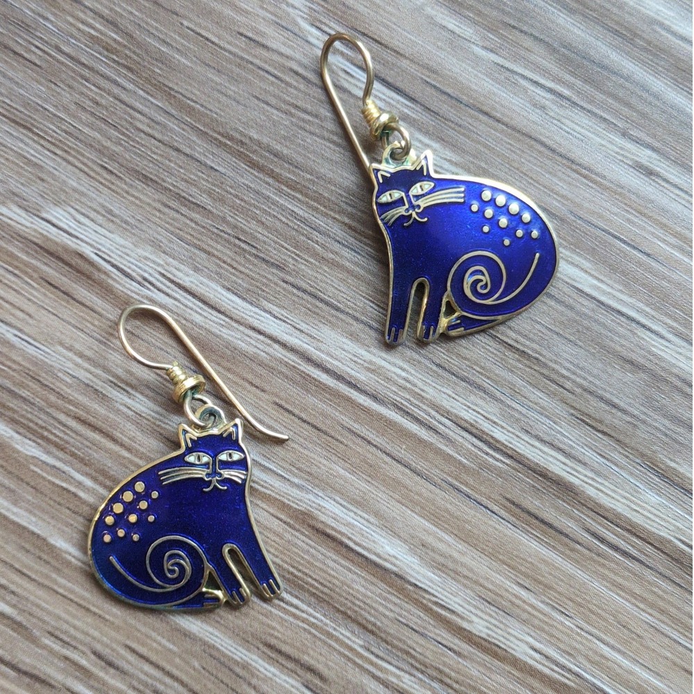 Vtg Laurel Burch Keshire Cat Earrings Blue Enamel Gold Tone Drop Dangle Signed